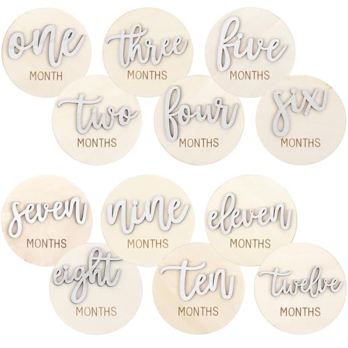 PEOVLVN Holz Meilensteinkarten Baby - 6pcs 1-12 Monate Baby Monatskarten aus Holz, Perfekt für Meilensteinkartens Schwangerschaft & Babys Meilensteinkarten, Ideal für Eltern & werdende Mütter(Weiß)