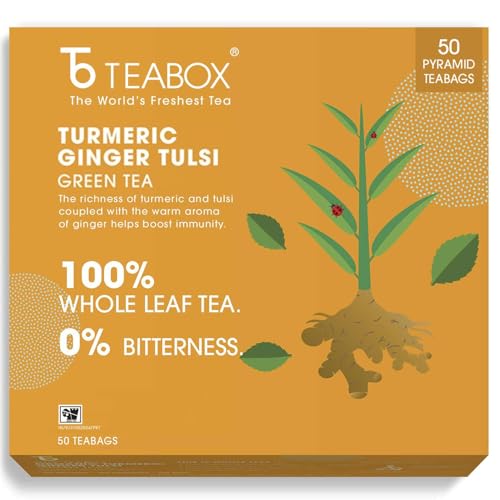 Image of Teabox Turmeric Ginger Tulsi Green Tea Bags 50 Pieces | Flavorful & Soothing | Made with Whole Leaf, Natural Ginger, Turmeric & Tulsi