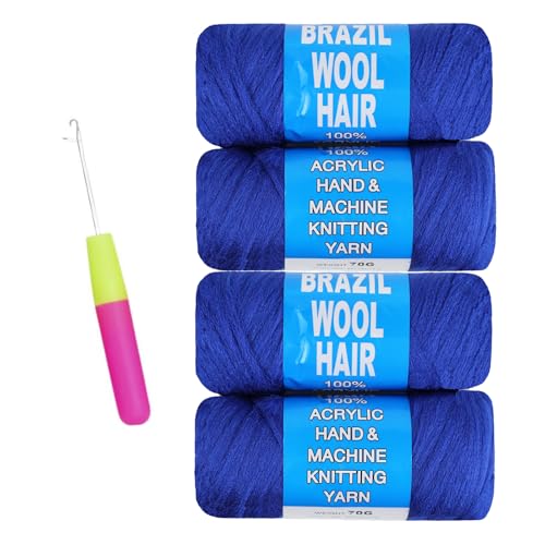 4 Roll Dark blue Brazilian Wool Hair Yarn for Jumbo Braids Braiding Hair for Soft Faux Locs Goddess Locs Hair Extension Senegalese Twist Crochet Hair for Black Women (Dark blue, 4Roll)
