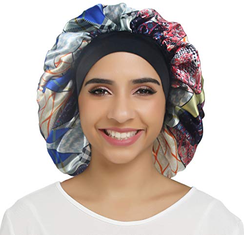 Women Large Satin Bonnet Sleep cap Hair Bonnet Satin Cap Wide Elastic Band for Curly,Braids, Dreadlocks, Long Hair (ADULT, Triangular pattern)