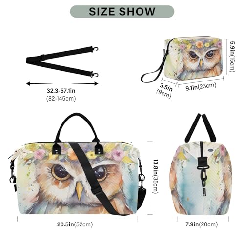 Large Travel Duffel Bag, Owl Retro Garland Sport Tote Gym Bag, Shoulder Weekender Overnight Bag for Women Men, Carry On Luggage with Toiletry Bag3