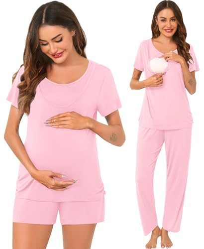 Image of SWOMOG Womens 3 PCS Nursing Pajama Set Maternity Pjs Set Short Sleeve Breastfeeding Pregnancy Sleepwear with Pockets