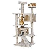 ZENY キャットタワー 据え置き 猫タワー 高さ133 安定性 省スペース 子猫 中型猫 多頭飼い 猫部屋 天然麻紐の爪とぎポール 遊びのポンポン 運動不足解消スロープ付き ふわふわ生地 可愛い色 頑丈耐久 日本語取扱説明書付き 組み立て簡単（優しいベージュ）