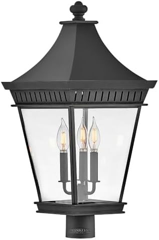 Hinkley Chapel Hill 26.5-Inch Three Light Outdoor Post Mount Lantern, Clear Glass, Aluminum, Driveway Walkway and Garden, Post Sold Separately, Museum Black Finish