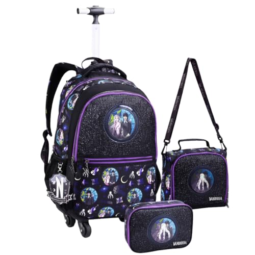 Kit Mochila Mala Bolsa Escolar Rodinha Lancheira Térmica Estojo Box Wandinha Original Menina