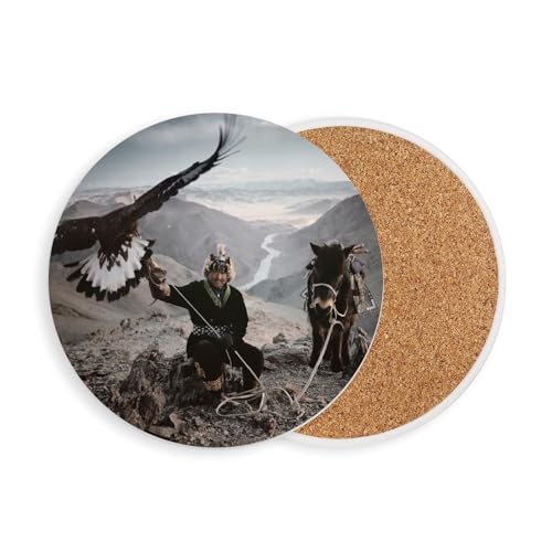 sous Verre Ronds en céramique - Chasseur Altai Mongolie Aigles Montages Vallee Photo Exceptionnelle - 1 unité (108 x 108 mm)