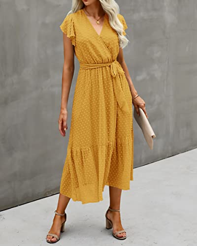 Image of BTFBM Women Summer Casual Wrap V Neck Ruffle Cap Sleeve Belted Midi Dress