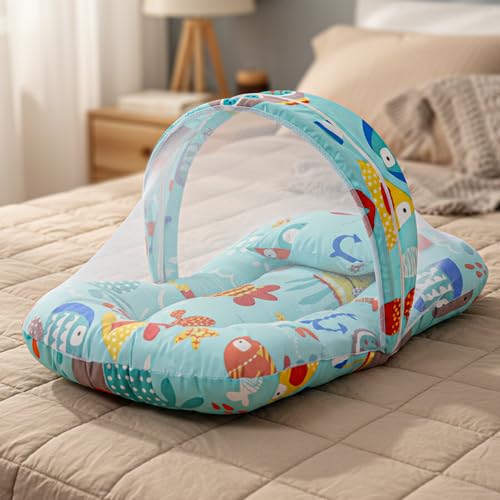 Image of BAYBEE 3 in 1 Baby Bedding Set with New Born Mosquito Net, Bed Mattress & Neck Pillow, Foldable Portable Nest Travel Bed, Baby Gift for Boy Girl (Lite Green)