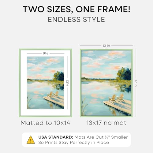Image of Homeforia 13x17 Picture Frame Sage Green, High End Metal 13x17 Poster Frames with Mat 10x14 Photo, 13 x 17 Sage Green Frame Matted to 10 by 14 Art, 17x13 Thin Frame, Tempered Glass, Wall Kit, Set of 1
