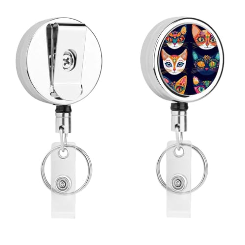 Folk with Cats Patterns Retractable Badge Holder Metal ID Name Holder Key Ring with Belt Clip
