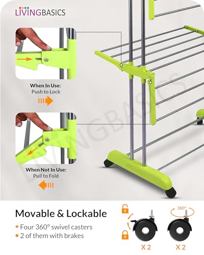 LIVINGBASICS 3 Tier Premium Heavy Duty Stainless Steel Foldable Cloth Drying Stand/Clothes Stand for Drying/Cloth Stand/Clothes Dryer/Laundry Racks for Drying - Indoor/Balcony (Lime Green)