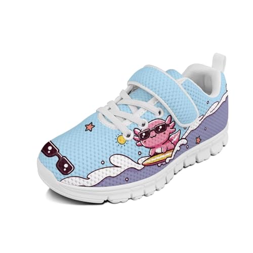 Girls Shoes Non Slip Lightweight Breathable Comfortable Sport Walking Athletic Running Tennis Sneakers (Little Kid) Surfing Axolot Pattern White Sole
