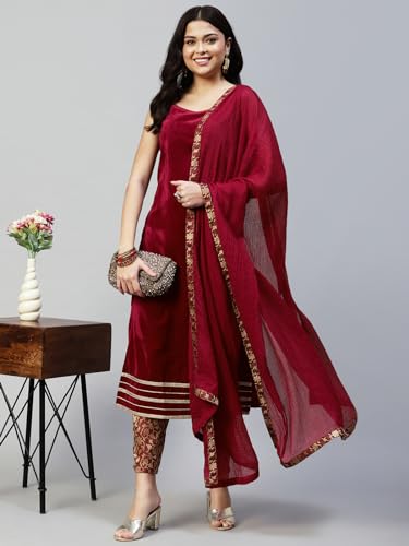 Image of SIRIL Women's Velvet Solid Straight Kurta Set with Dupatta