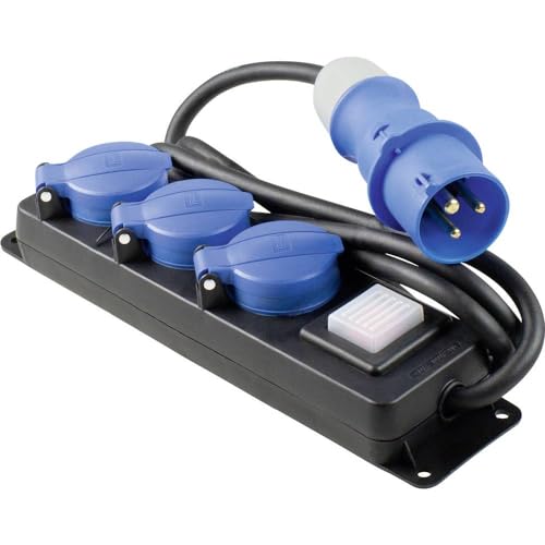 Regleta de enchufes CEE triple para trabajos en exteriores e interiores con tapa abatible negra