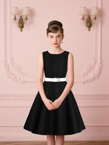 LQSZ Girls Prom Dress Sleeveless Floral Print A-Line Swing Dress with Belt Vintage Party Gown for Teen Girl 3-12 Years2