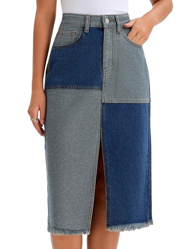 Women's Denim Skirt Patchwork Color Block Raw Hem High Waisted Midi Jean Skirts with Slit