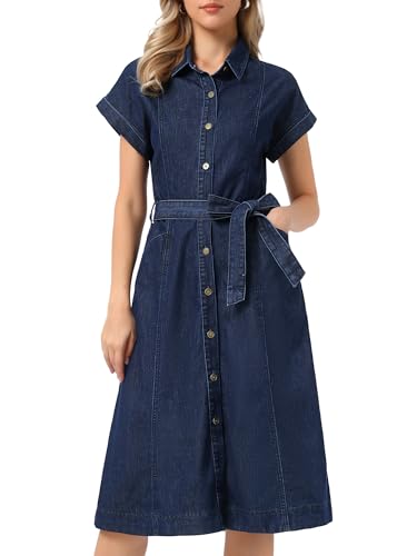 Allegra K Denim Shirt Dress for Women's Casual Button Down Short Sleeves Belted Jean Midi Dress 2025 Trendy Outfits X-Small Black Blue at Amazon Women's Clothing store