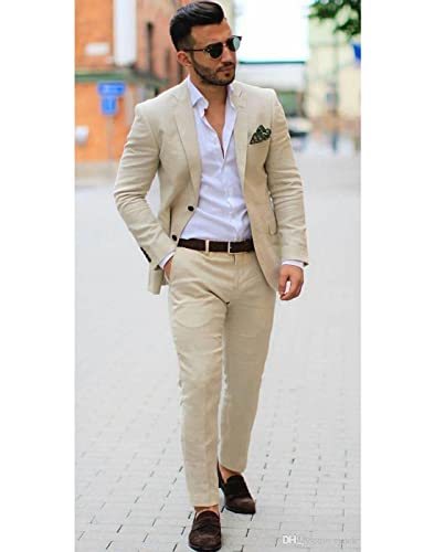 Men Linen Suit 2 Pieces Beige Notch Lapel Two Button Blazer Party Prom Casual Tuxedo Suit Jacket Pants2