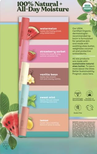 Organic Lip Balm, 9 Pack, Watermelon, Strawberry Sorbet, Vanilla Bean, Sweet Mint, Lemon, USDA Certified, 0.14 oz Each image 4
