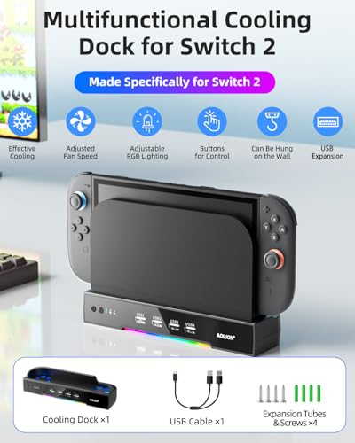 Cooling Fan for Switch 2, Cooling Fan Docking Station for Switch 2, Dual-Fan, RGB Lighting, 4 USB Expansion, Wall-Mountable Design – Efficient Heat Dissipation, Plug & Play, Adapter Compatible with Controller