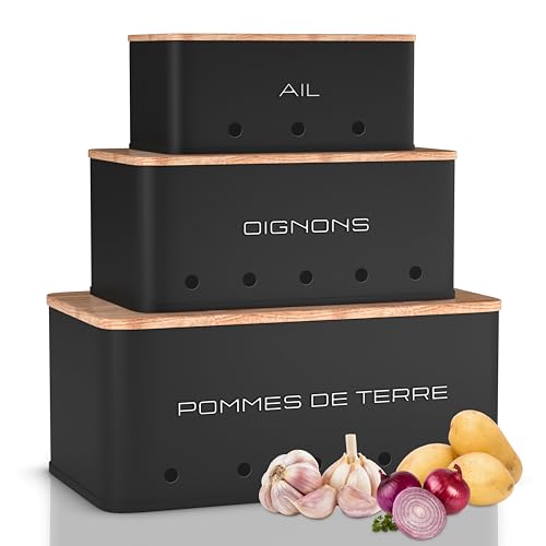 KOOK TIME rangement pomme de terre oignon ail - Lot de 3 - Boite pomme de terre oignons ail - rangement légumes avec petits trous de ventilation pour une circulation d'air optimale - Noir Mat
