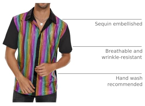 Image of Zando Men's Sequin 70s 80s Disco Shirt - Retro Short Sleeve Button Up Costume Halloween New Year Party Outfit Top & Clubwear