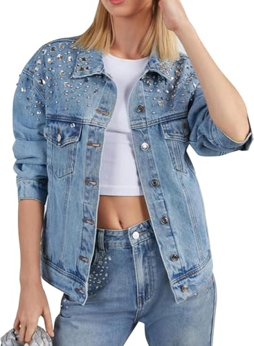 LifeShe Women's Rhinestone Denim Jacket Casual Long Sleeve Jeans Trucker Jacket Coat