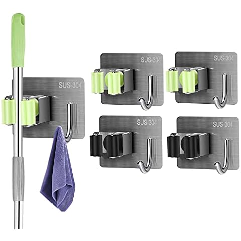 Gofady Pack of 4 Broom Holders, Wall Broom Holders, No Drilling, Self-Adhesive, Tool Holder, Broom Mop Holder, Stainless Steel with 4 Hooks for Kitchen, Bathroom, Gar Cover