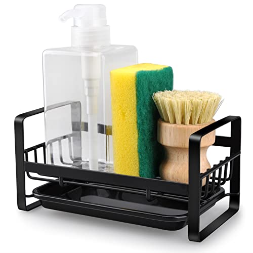 HONZUEN Organizador Fregadero Cocina,Acero Inoxidable Soporte Esponja Fregadero con Bandeja,Negro Soporte Utensilios Cocina Adhesivo para Estropajo