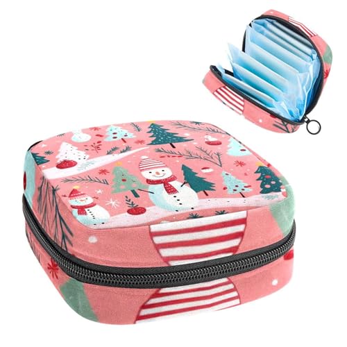 Portable Menstrual Pad Bags, Large Capacity Sanitary Napkin Storage Bag, First Period Kit for Girls Women, Zipper Nursing Pad Holder Merry Christmas Tree Snowman Pink