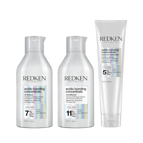 Image of Redken Acidic Bonding Concentrate Sulphate Free Shampoo, Conditioner & Leave-In Treatment Combo | With Citric Acid | Repairs Weak Hair Bonds |For Dry, Damaged, Coloured and Frizzy Hair | For Men & Women