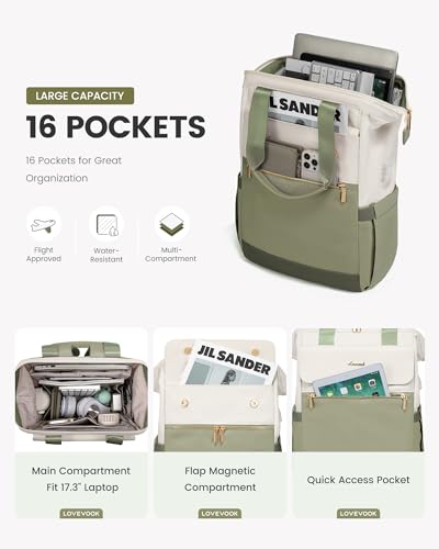 Image of LOVEVOOK 17.3 Inch Laptop Backpack for Women, Large Capacity Travel Backpack with Organizer Bag,Waterproof Carry on Backpack Work Bag with USB Port,Teacher Nurse Backpack Purse,2PCS,Beige-Bean Green