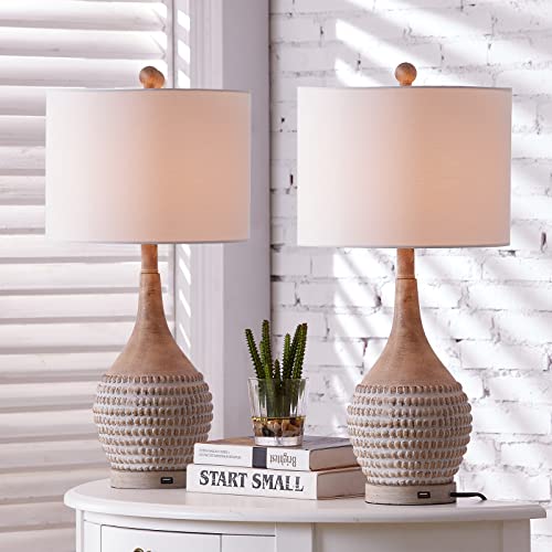 Maxax Set of 2 Bedside Lamps with USB Ports, 3-Way Switch, White Shade, Light Brown