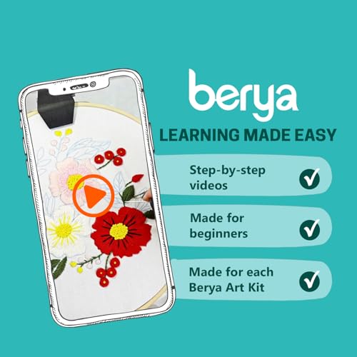 Image of BERYA Embroidery Kit for Beginners, Flowers and Leaves Embroidery Practice Kit, Hand Floral Embroidery Starter Kit for Adults with Video Step by Step Instructions, Hoops, Threads and Needles (BEF011)