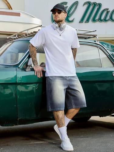 Image of PLEPAN Mens Super Baggy Jean Shorts 12 inch Vintage Loose Fit Wide Leg Long Jorts Y2K Streetwear Below Knee Denim Shorts