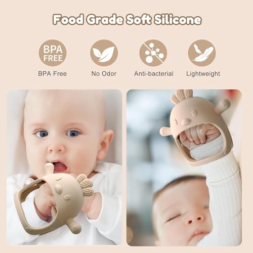 KESI ORNAMENTS Baby Teething Toys, Never Drop Hand Wrist Teether, Baby Chew Toys for Sucking Needs, Silicone Baby Mitten Teether for Soothing Teething Pain Relief, Easy to Grip (Beige) - Image 3 thumbnail