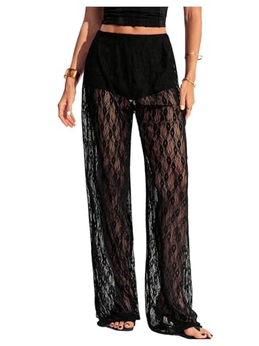 RoseSeek Women's Y2K Floral Lace See Through Pants Sheer Straight Leg Long Pants Club Wear Lace Black Tall-L