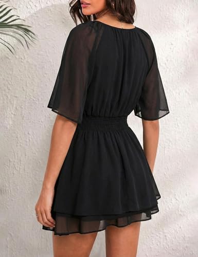 AIMCOO Women's Summer Dresses Casual V Neck Chiffon Short Flared Sleeves Mini Dress High Waist Flowy A Line Beach Sundresses Black X-Large — view 3