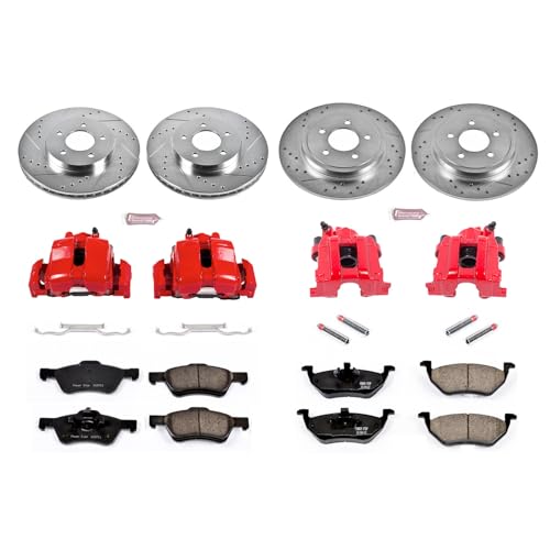 Image of PowerStop Rear Brake & Caliper Kit for Ford F-350 Super Duty 2005-10 - Drilled & Slotted Disc Rotors + Z36 Brake Pads + Red-Powder Coated Calipers, KC4593-36