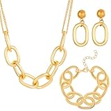 coadipress Chunky Necklace Earrings Bracelet Set for Women Colourful Gold Plated Boho Statement Earrings Cuban Link Chain Collar Necklace Retro Neon 80s Jewelry Gift (Gold Set)