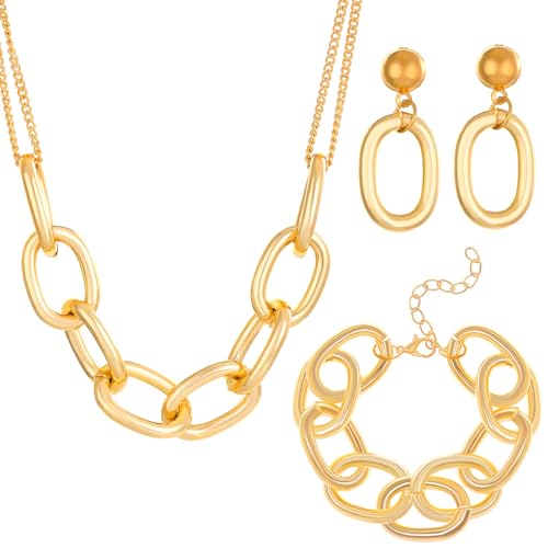 coadipress Chunky Necklace Earrings Bracelet Set for Women Colourful Gold Plated Boho Statement Earrings Cuban Link Chain Collar Necklace Retro Neon 80s Jewelry Gift (Gold Set)