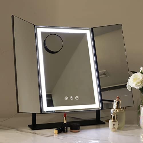 FENCHILIN Vanity Mirror with Lights Strip Tri-fold Makeup Mirror 360 Degree Rotation Lighted Tabletop Mirror with Type C Charging Touch Screen Countertop Cosmetic Mirror (Black)