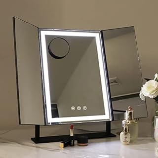 FENCHILIN Vanity Mirror with Lights Strip Tri-fold Makeup Mirror 360 Degree Rotation Lighted Tabletop Mirror with Type C Charging Touch Screen Countertop Cosmetic Mirror (Black)