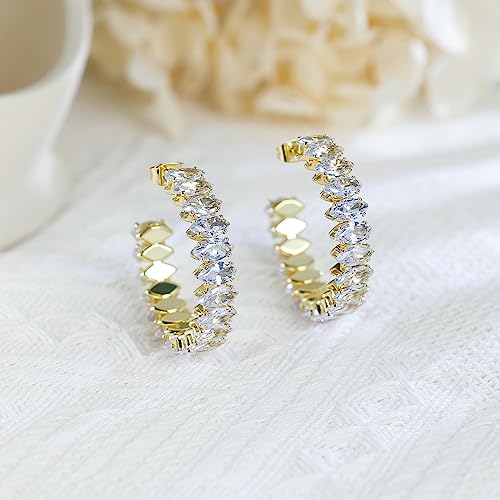 Cubic Zirconia Hoop Earrings For Women And Girls, Yellow Gold Plated Sparkling Rhinestone Luxury Cz Large Cuff Earrings 40Mm (40.00, Almond Cubic Zirconia Earrings) #TOP3