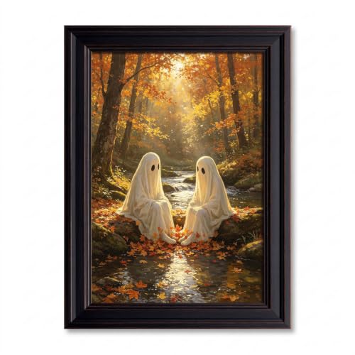 Two Gentle Sheet Ghosts Sitting By Autumn Stream Sunlit Maple Forest Vintage Oil Painting Canvas Wall Art Soft Cozy Fall Halloween Home Decor Print For Bedroom Apartment 12X16 in Unframed
