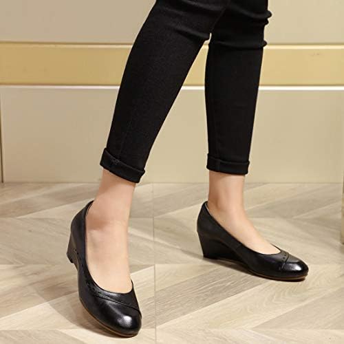 Mona flying Women's Leather Wedge Pumps Dress Shoes Med Heel Casual Rounded Toe for Women Office Black 11 | Image 4