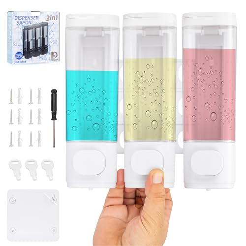 DANIOM Dispenser Sapone Bagno a Muro - Porta Sapone Bagno da Muro a 3 Scomparti X 300ml con Chiave - Montaggio con e Senza Foratura - Dispenser Doccia Shampoo e Bagnoschiuma e Balsamo a Parete Bianco