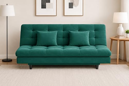 Image of Modern Foldable 3-Seater Futon Sofa Bed with Tufted Sleeper Couch Sofa with Adjustable Backrest- Living Room Furniture-Green