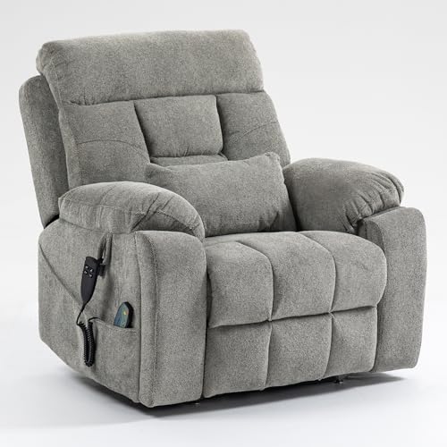 RHHVVR Oversized Lift Recliner Chair for Elderly, 26' Extra Wide Seat Power Lift Recliners with Heat and Massage, Dual Motor Electric Lay Flat Living Room Sofa with Lumbar Pillow, Light Grey