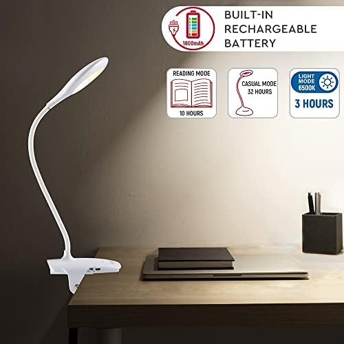 TEKLED® LED Desk Lamp with Clip | 3-Level Dimmable Flexible Gooseneck | Capacitive Touch Switch + Rechargeable Lithium Battery | Eye Protection Bedside Reading Office Work Students | 3W 28 LED 280LM